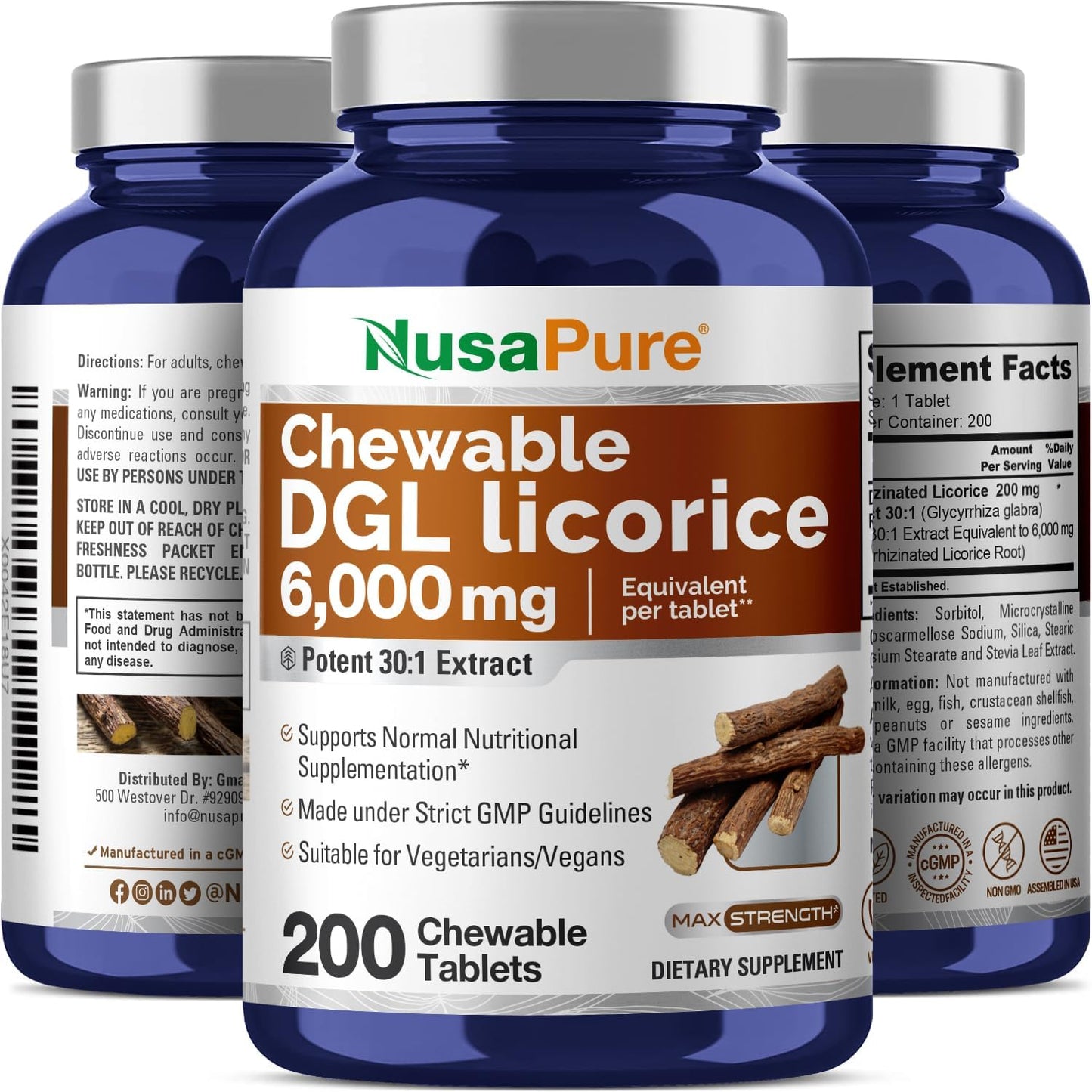 6,000mg NusaPure DGL Deglycyrrhizinated Licorice Chewable Tabs - 200 Count, Vegan & Non-GMO Supplement