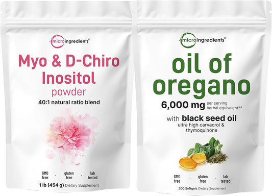 6,000mg Oil of Oregano Softgels & Myo & D-Chiro Inositol Powder Bundle | 4X Strength Carvacrol & Thymoquinone | Women's Inositol Supplement - 2 Pack