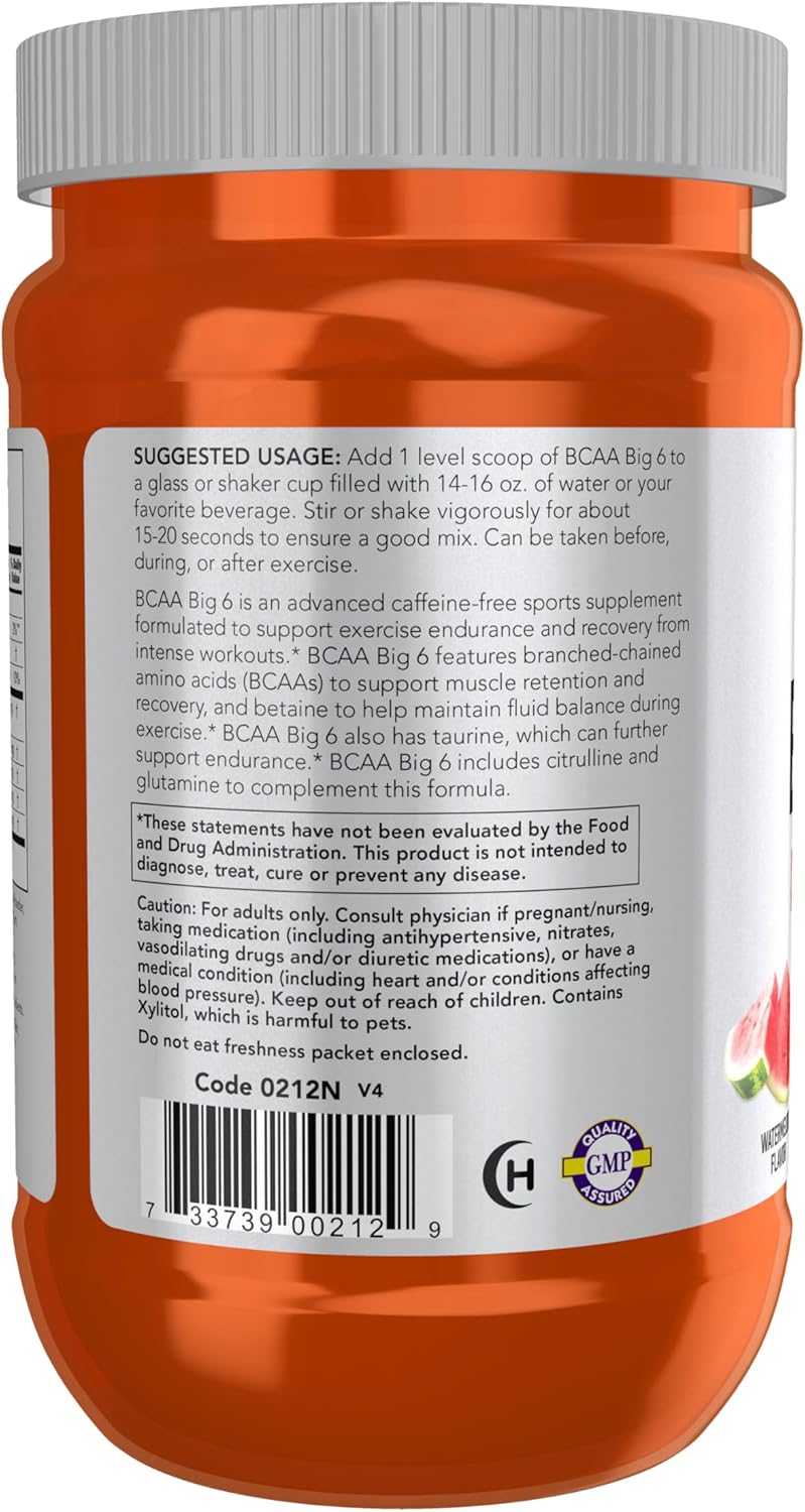 600g NOW Foods Sports Nutrition BCAA Big 6 Watermelon Flavor Amino Acids Supplement