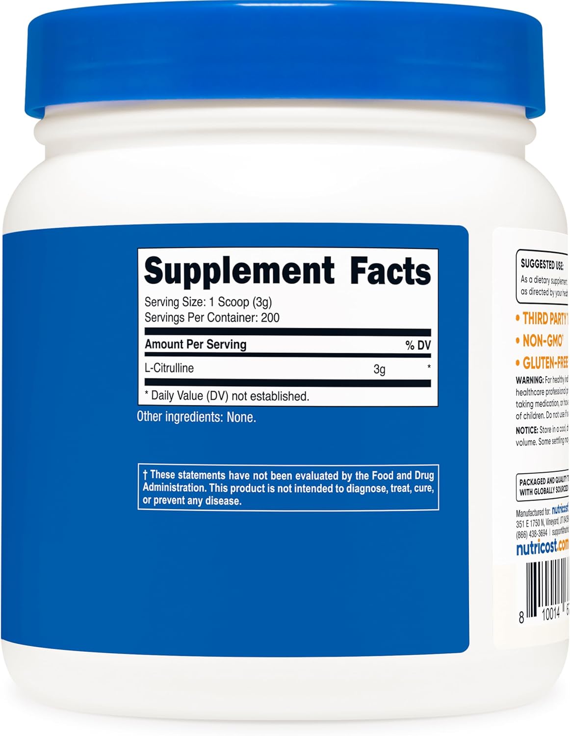 600g Nutricost Pure L-Citrulline Base Powder - High-Quality Supplement