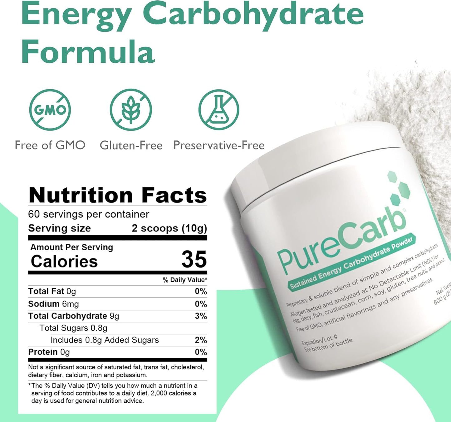 600g PureCarb Powder: Sustained Energy Blend of Simple & Complex Carbs, Non-GMO