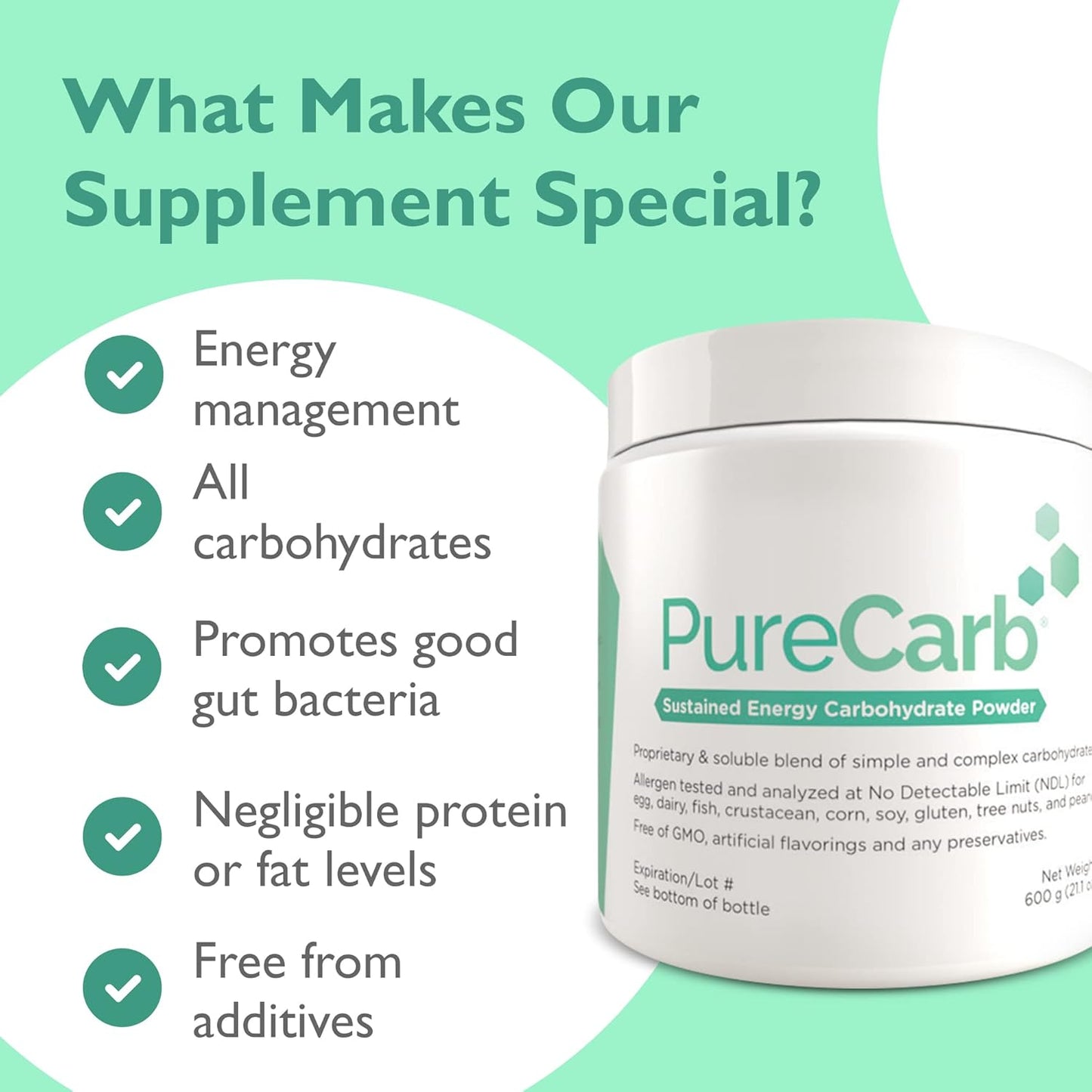 600g PureCarb Powder: Sustained Energy Blend of Simple & Complex Carbs, Non-GMO