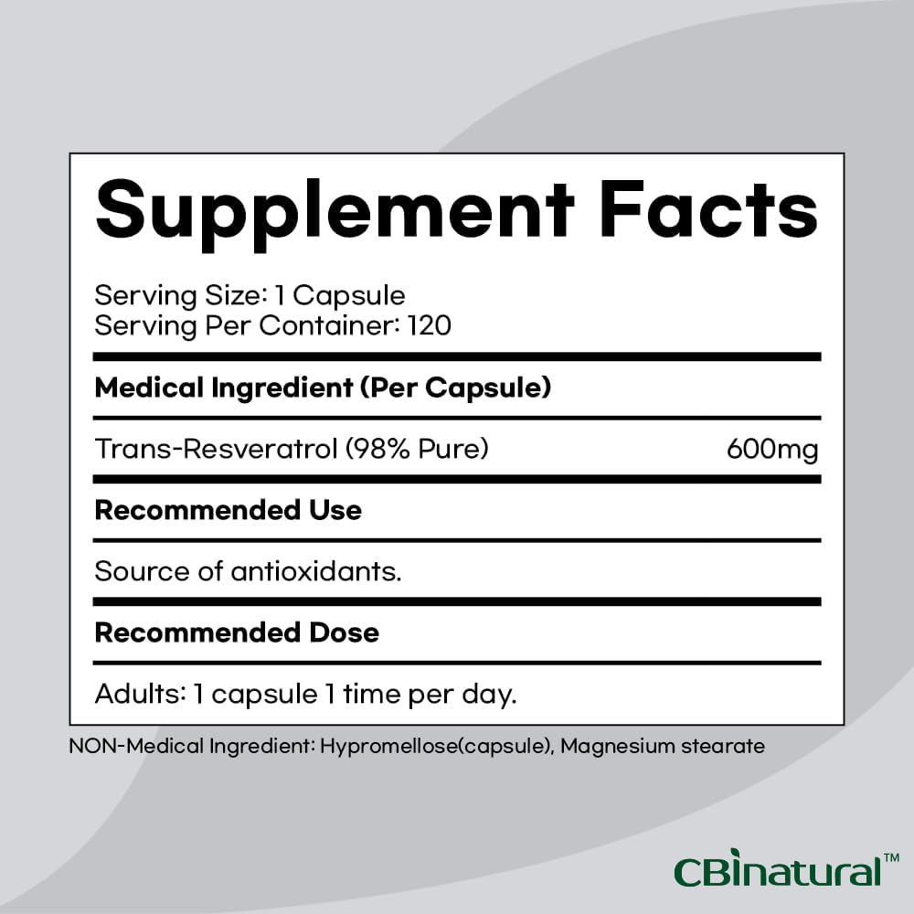 600mg 98% Pure Trans-Resveratrol Capsules - 120 Vegan Capsules, 4-Month Supply