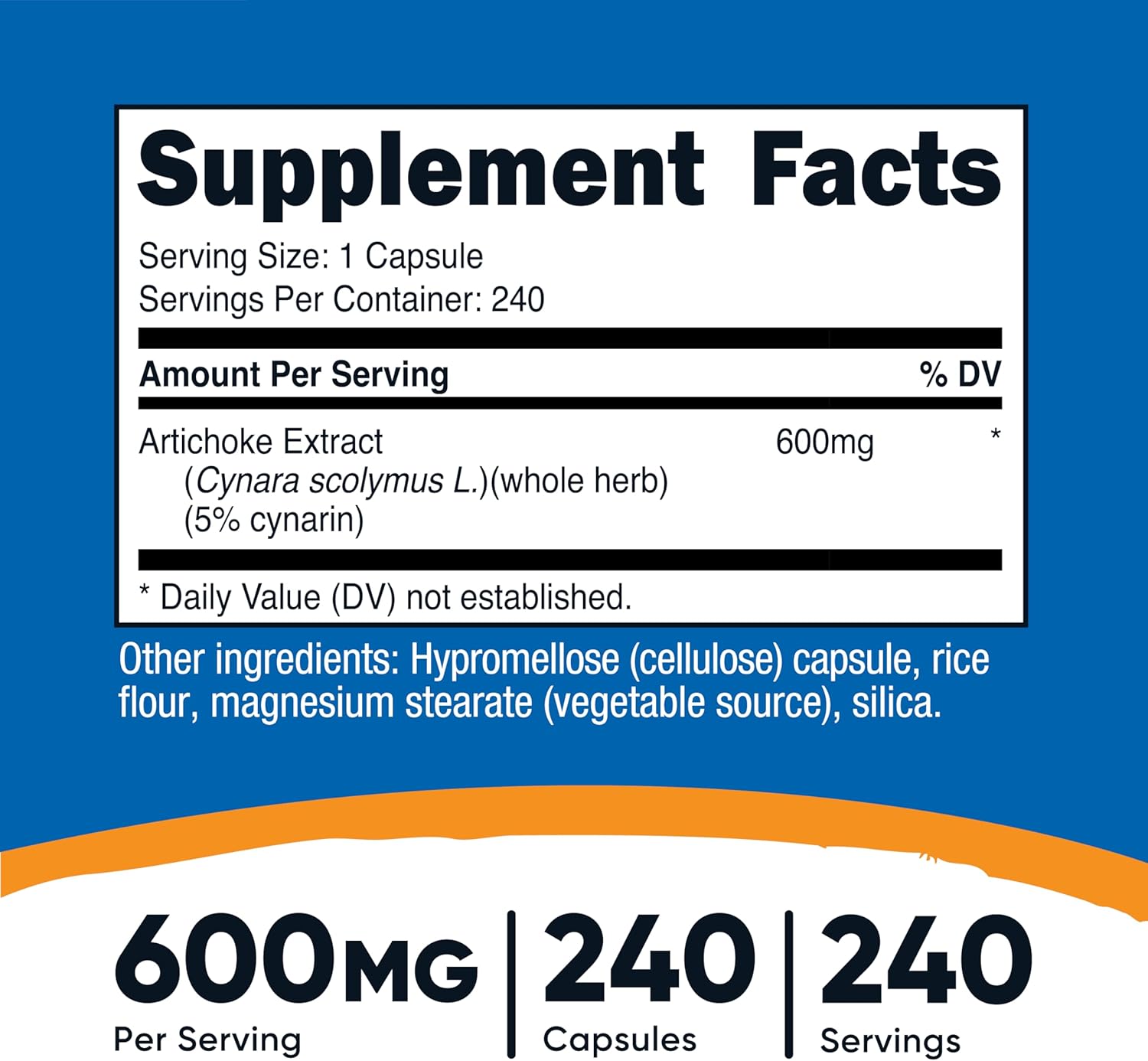 600mg Artichoke Extract Capsules - 240 Vegetarian, Gluten Free, Non-GMO - Nutricost