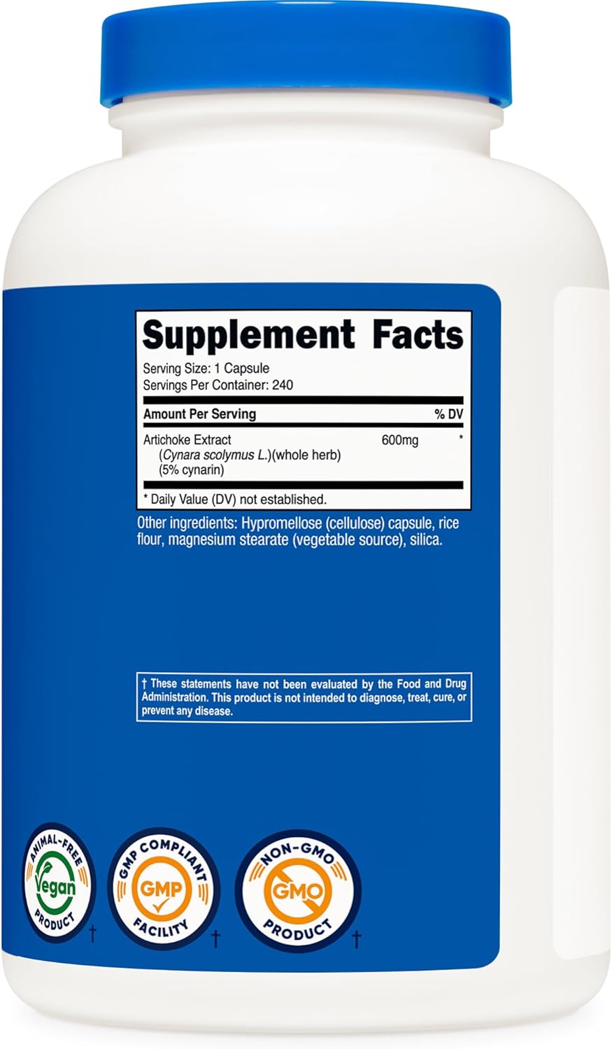 600mg Artichoke Extract Capsules - 240 Vegetarian, Gluten Free, Non-GMO - Nutricost