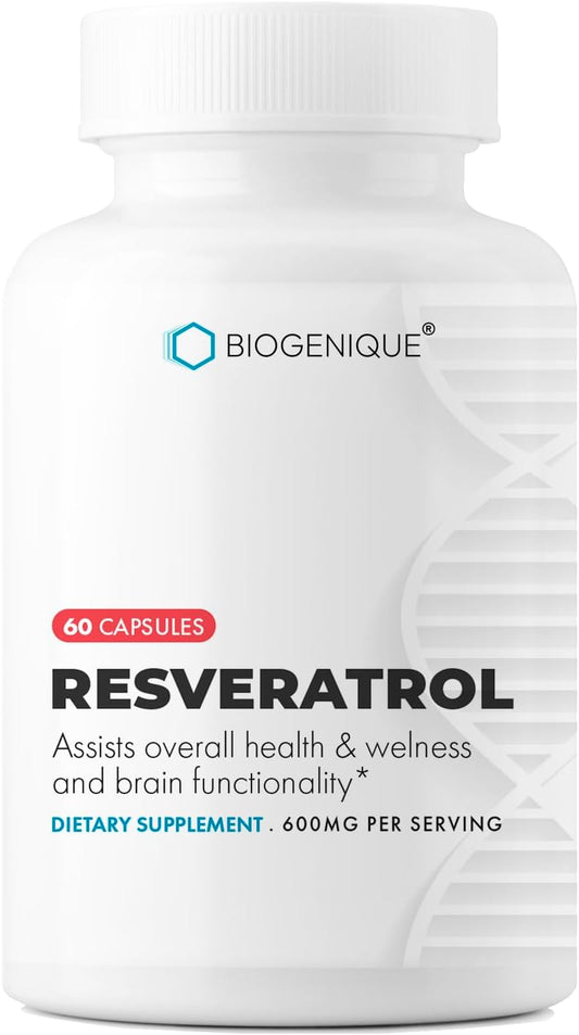 600mg Biogenique Resveratrol Capsules: Potent Antioxidants & Trans-Resveratrol, Anti-Aging & Cardiovascular Support - 60 Count - USA Made Vegan Supplement