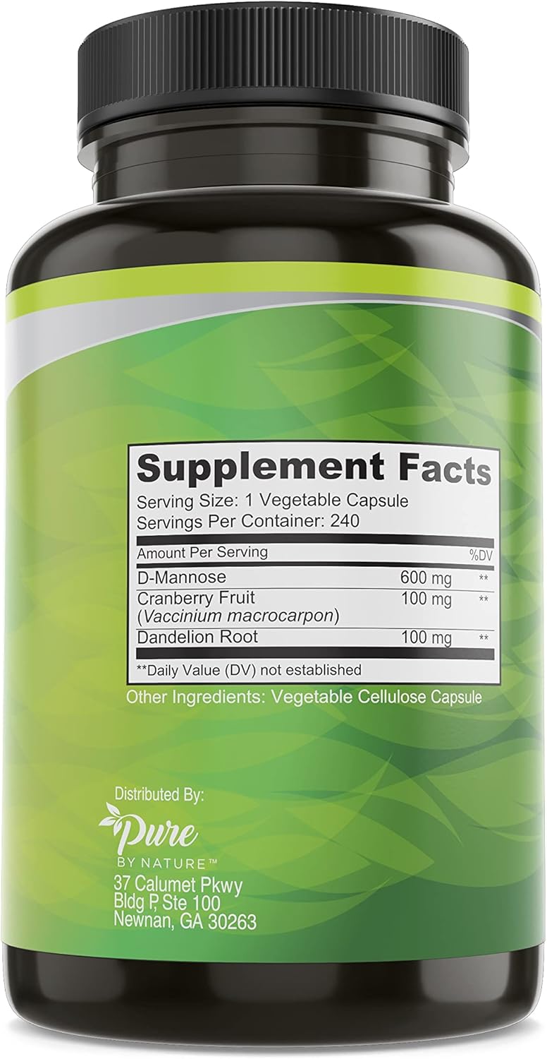 600mg D-Mannose Capsules with Cranberry & Dandelion Extract - Urinary Tract Health Support, Detox Body - 240 Count