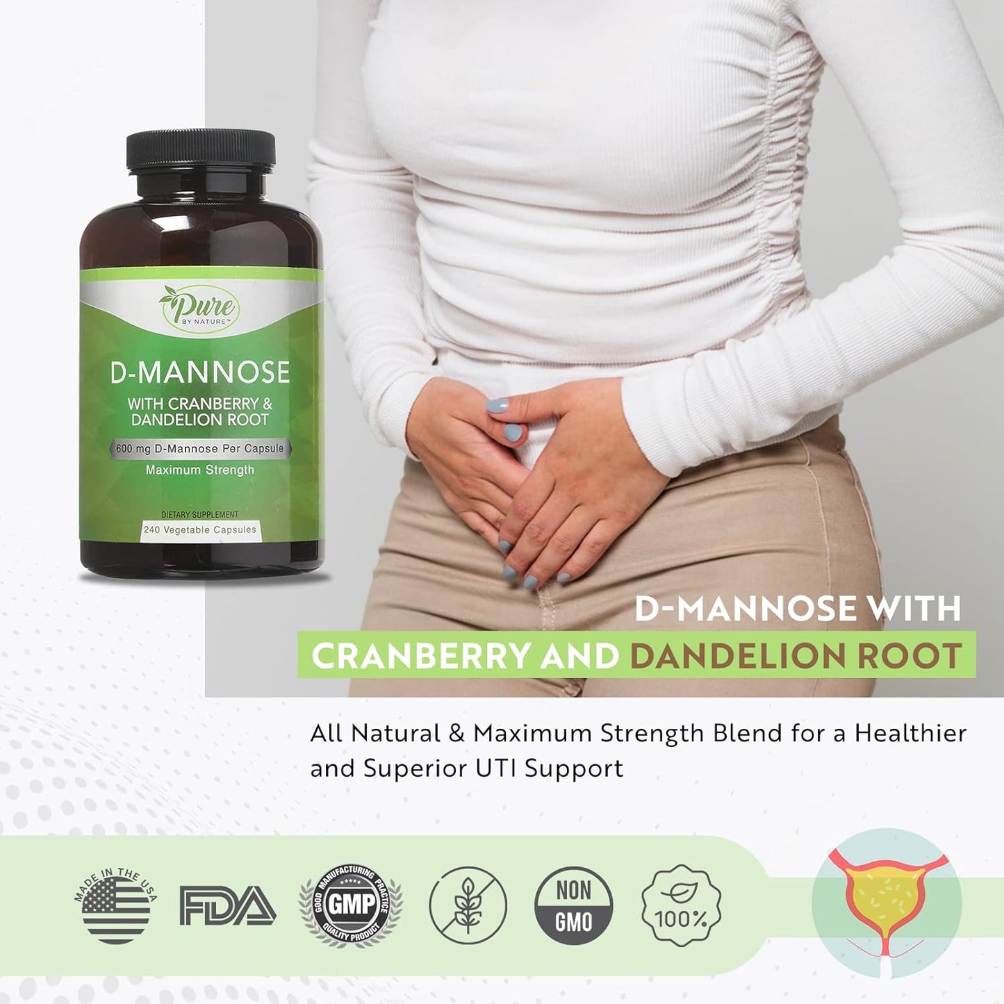600mg D-Mannose Capsules with Cranberry & Dandelion Extract - Urinary Tract Health Support, Detox Body - 240 Count