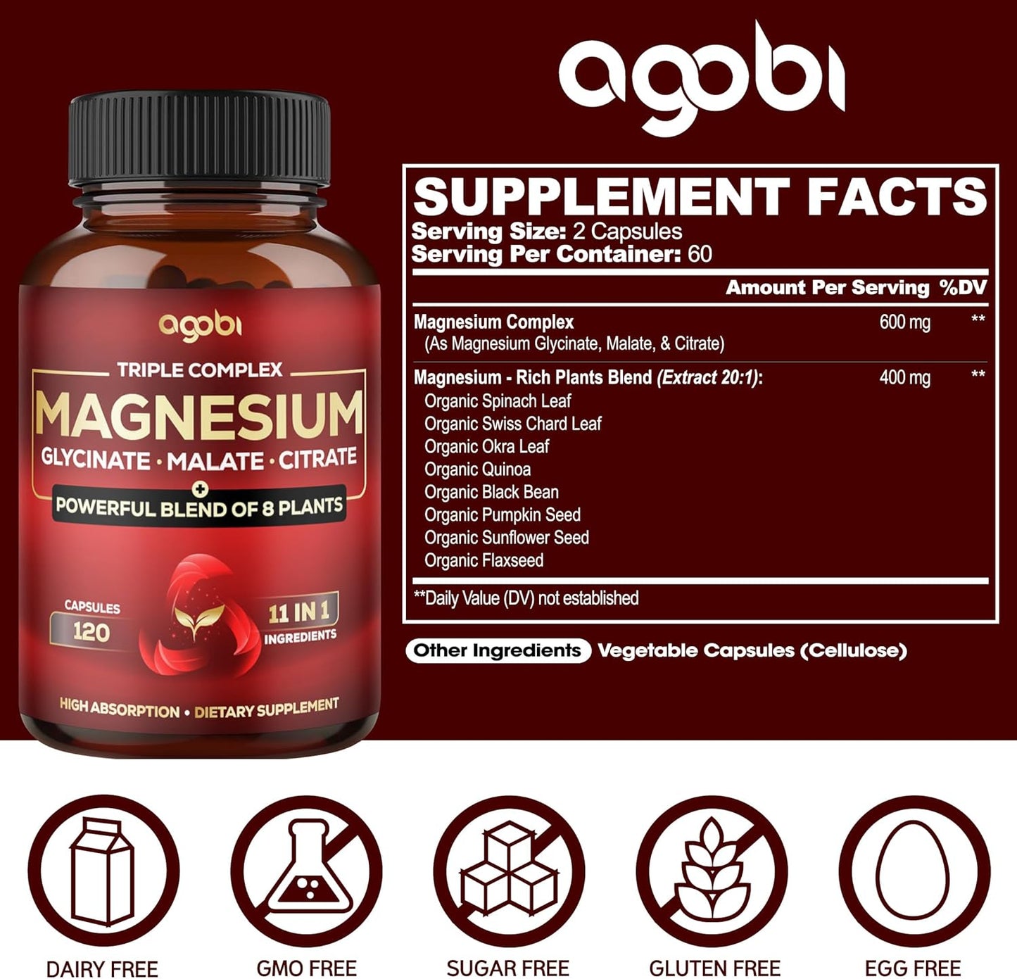 600mg Magnesium Glycinate, Malate, & Citrate Capsules with Added Spinach & Swiss Chard for Calm & Muscle Cramp Support
