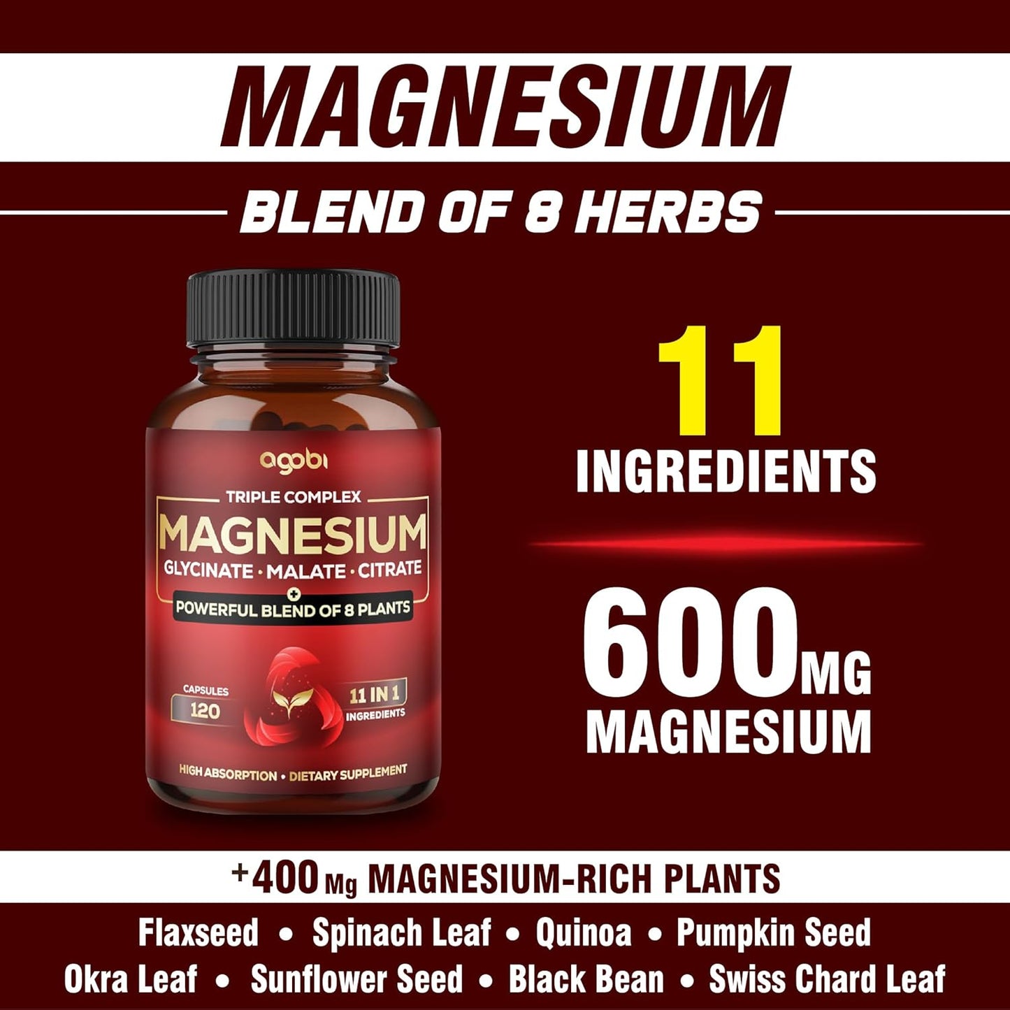 600mg Magnesium Glycinate, Malate, & Citrate Capsules with Added Spinach & Swiss Chard for Calm & Muscle Cramp Support