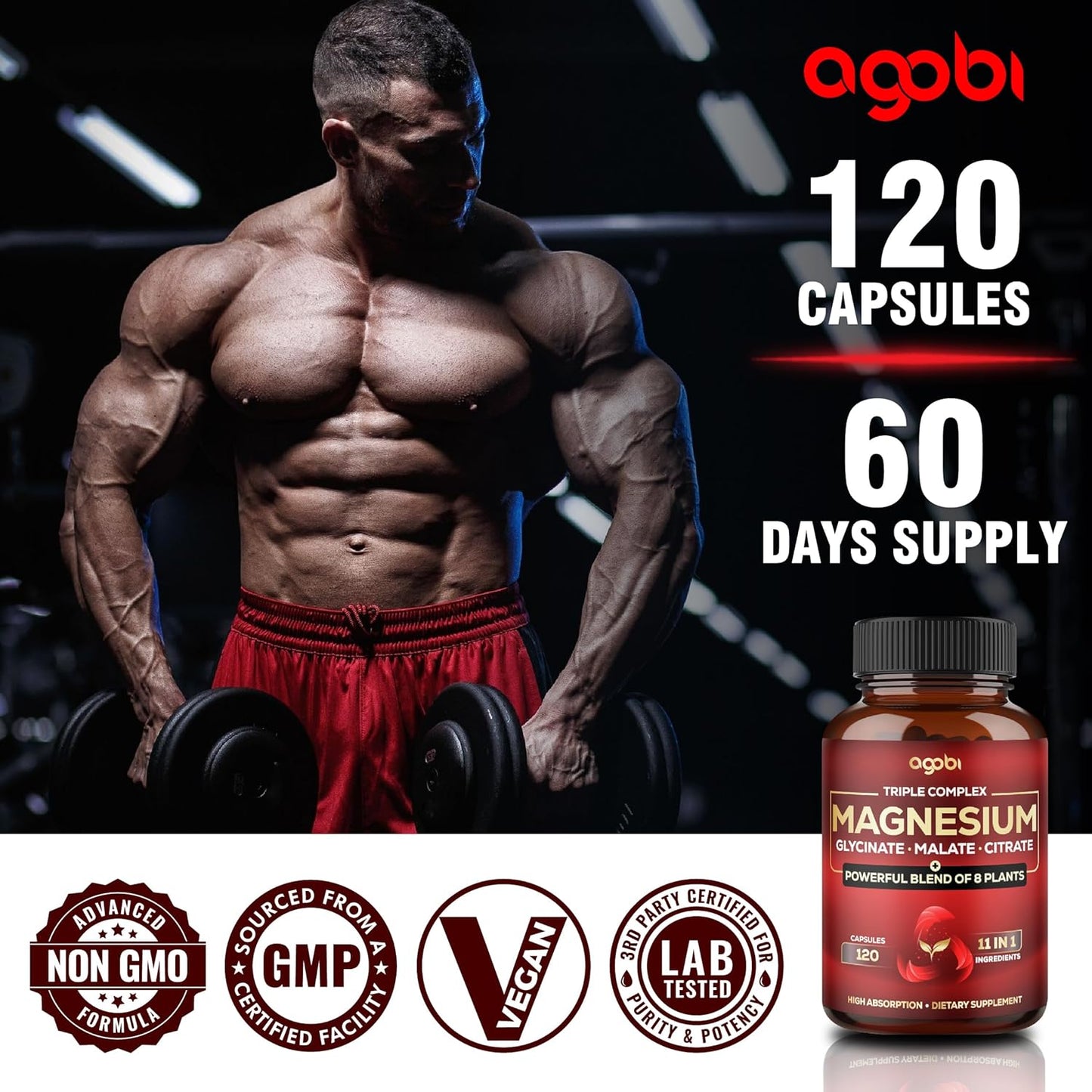 600mg Magnesium Glycinate, Malate, & Citrate Capsules with Added Spinach & Swiss Chard for Calm & Muscle Cramp Support