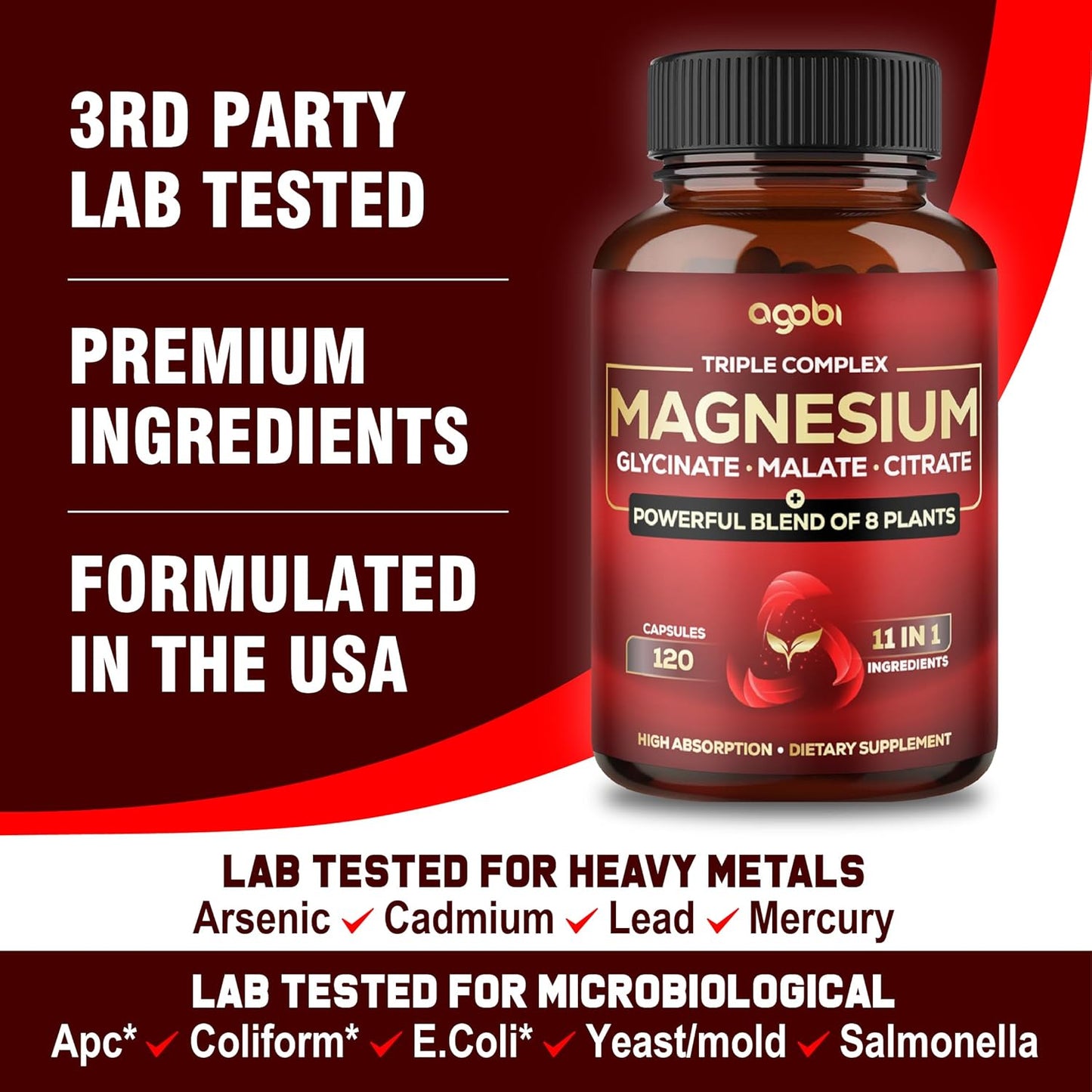 600mg Magnesium Glycinate, Malate, & Citrate Capsules with Added Spinach & Swiss Chard for Calm & Muscle Cramp Support