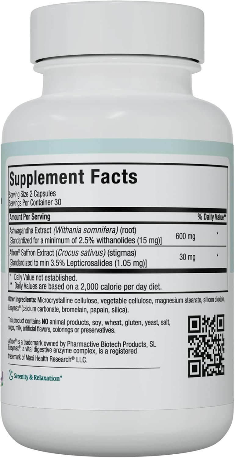 600mg Maxi Health Ashwagandha Saffron Complex with 30mg Saffron Extract - Mood Support & Relaxation - Vegetarian & Non GMO - 60 Capsules