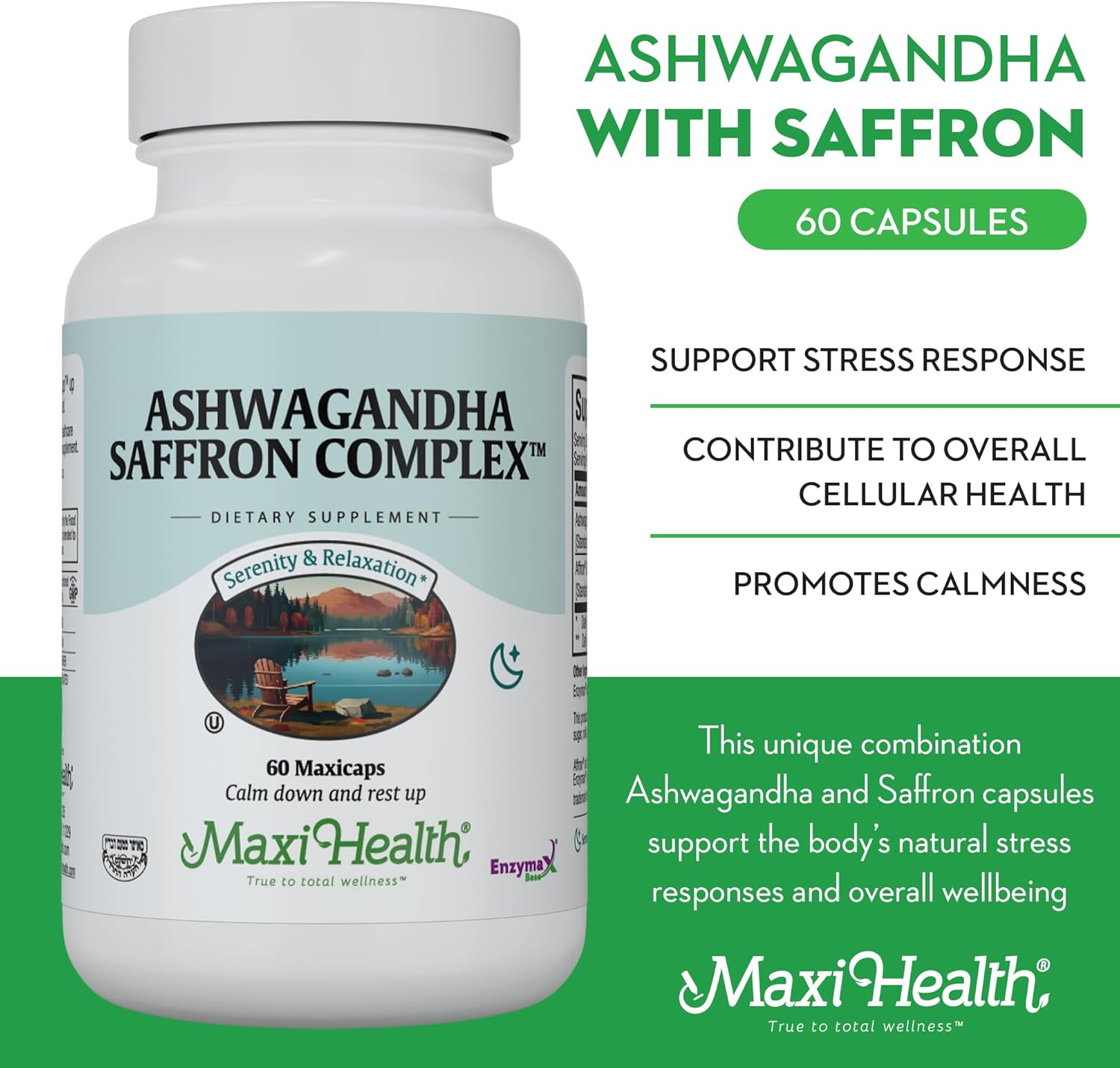 600mg Maxi Health Ashwagandha Saffron Complex with 30mg Saffron Extract - Mood Support & Relaxation - Vegetarian & Non GMO - 60 Capsules