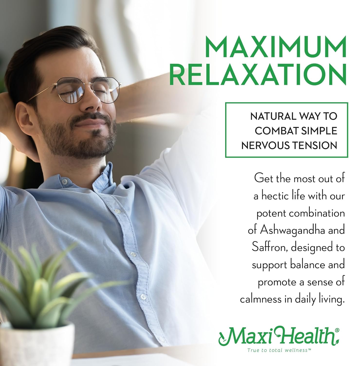 600mg Maxi Health Ashwagandha Saffron Complex with 30mg Saffron Extract - Mood Support & Relaxation - Vegetarian & Non GMO - 60 Capsules