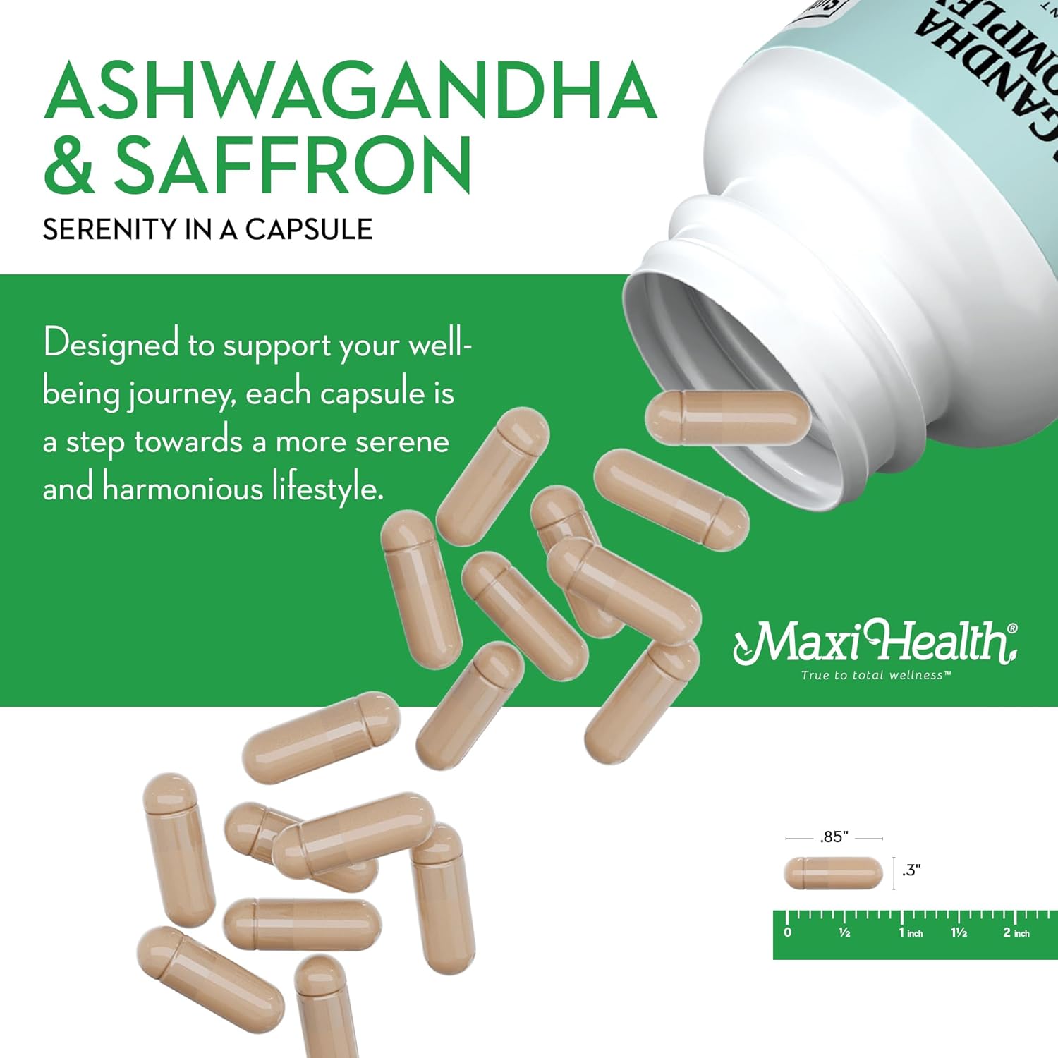 600mg Maxi Health Ashwagandha Saffron Complex with 30mg Saffron Extract - Mood Support & Relaxation - Vegetarian & Non GMO - 60 Capsules