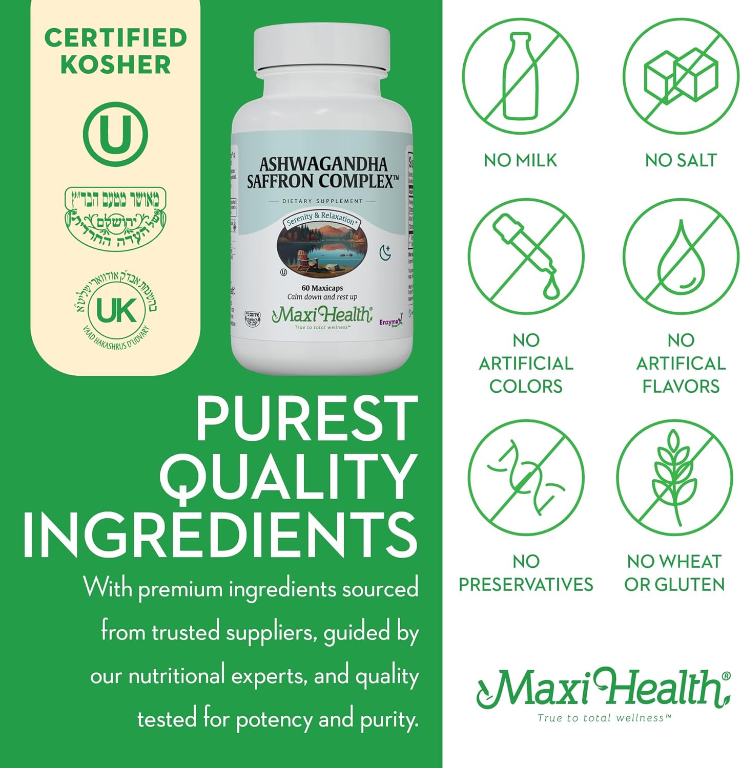 600mg Maxi Health Ashwagandha Saffron Complex with 30mg Saffron Extract - Mood Support & Relaxation - Vegetarian & Non GMO - 60 Capsules