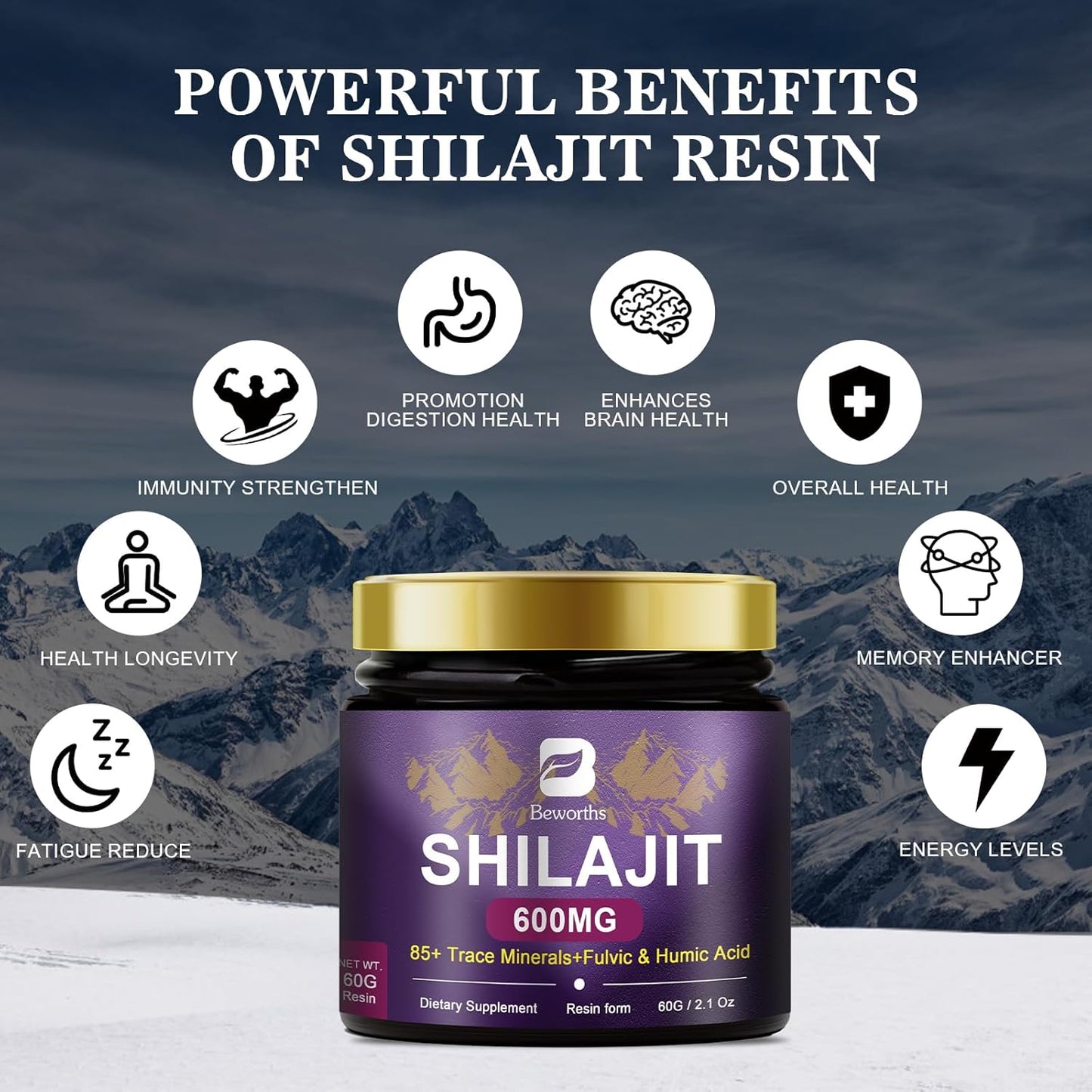 600mg Pure Himalayan Organic Shilajit Resin Supplement with Trace Minerals & Fulvic Acid - Gel for Energy, Immunity, Digestive, Brain Support | 100 Servings