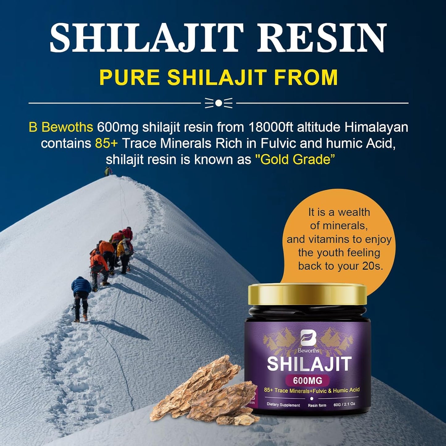 600mg Pure Himalayan Organic Shilajit Resin Supplement with Trace Minerals & Fulvic Acid - Gel for Energy, Immunity, Digestive, Brain Support | 100 Servings