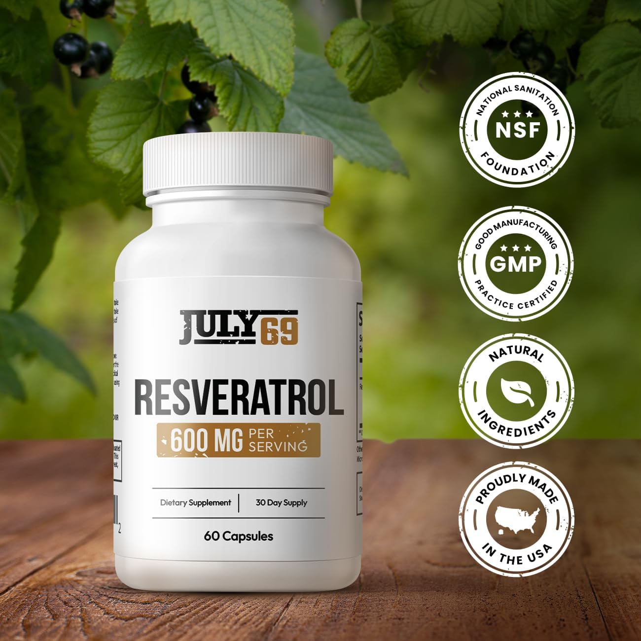 600mg Resveratrol Capsules - Powerful Antioxidant Supplement, 60 Capsules, USA Made