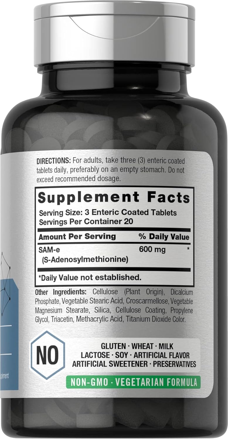 600mg SAM-e Supplement Tablets - 60 Count - S-Adenosyl Methionine - Vegetarian, Non-GMO, Gluten Free