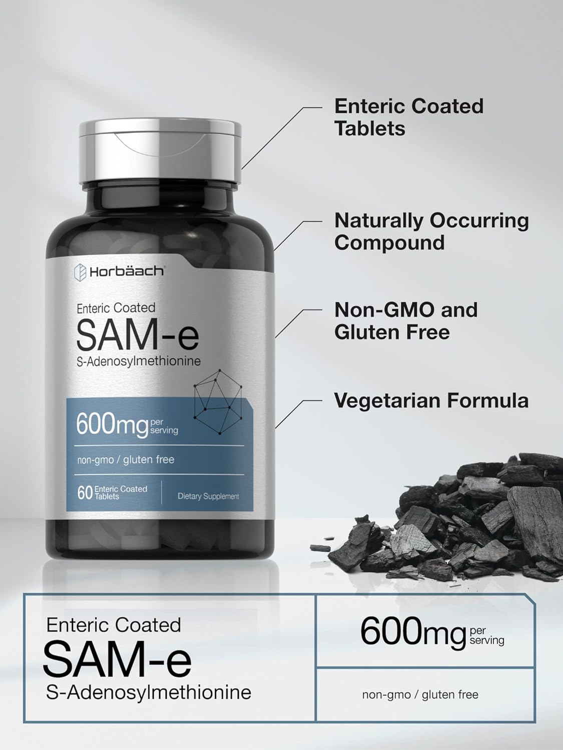 600mg SAM-e Supplement Tablets - 60 Count - S-Adenosyl Methionine - Vegetarian, Non-GMO, Gluten Free