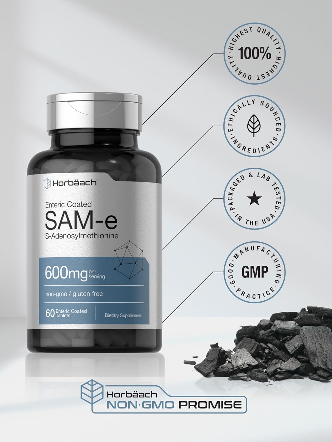 600mg SAM-e Supplement Tablets - 60 Count - S-Adenosyl Methionine - Vegetarian, Non-GMO, Gluten Free