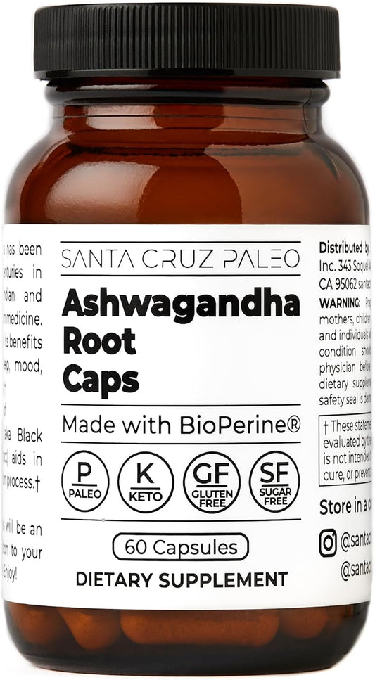 600mg Santa Cruz Paleo Ashwagandha Capsules with BioPerine for Energy, Focus, Relaxation - Gluten Free, Keto, Sugar Free - 60 Capsules