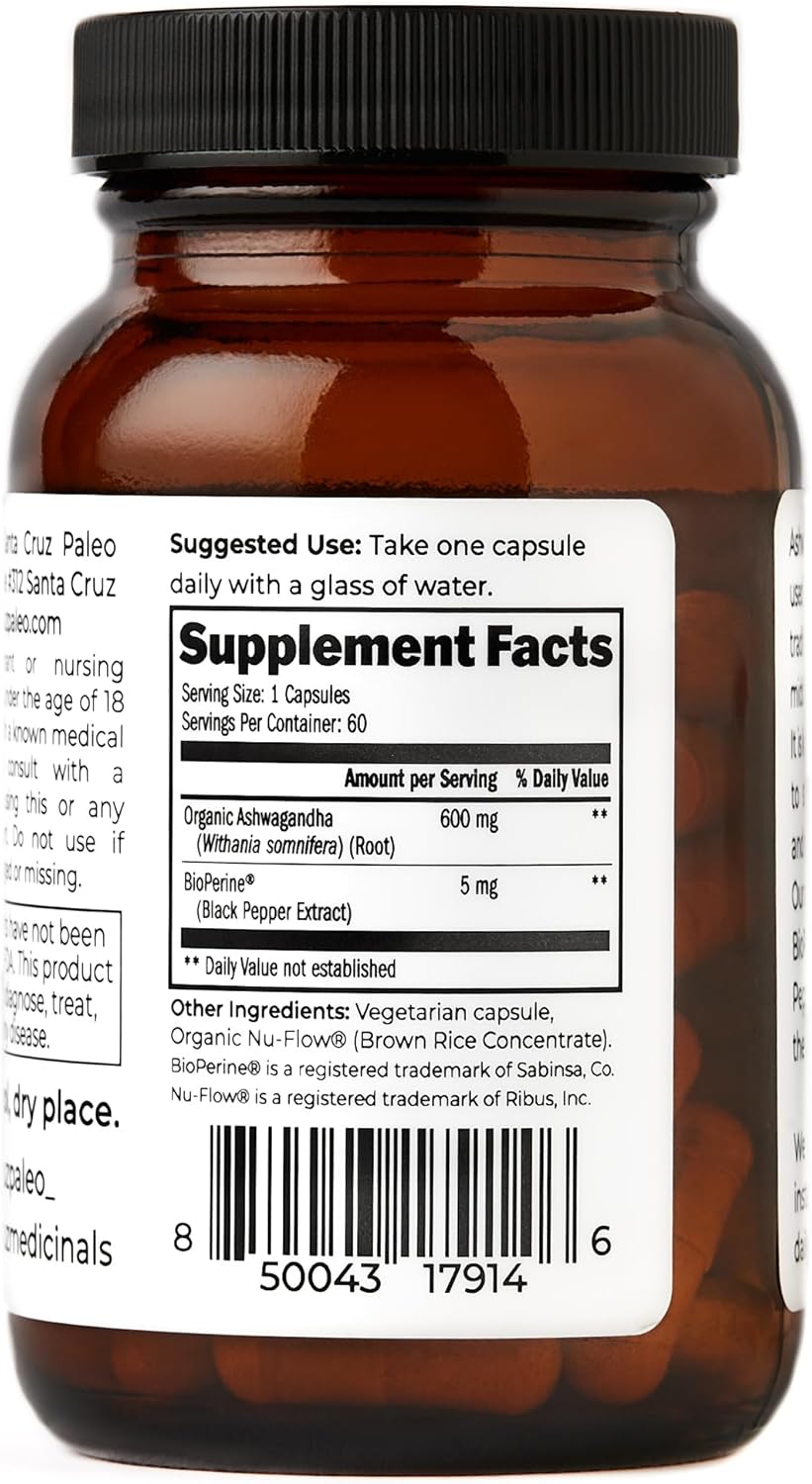 600mg Santa Cruz Paleo Ashwagandha Capsules with BioPerine for Energy, Focus, Relaxation - Gluten Free, Keto, Sugar Free - 60 Capsules
