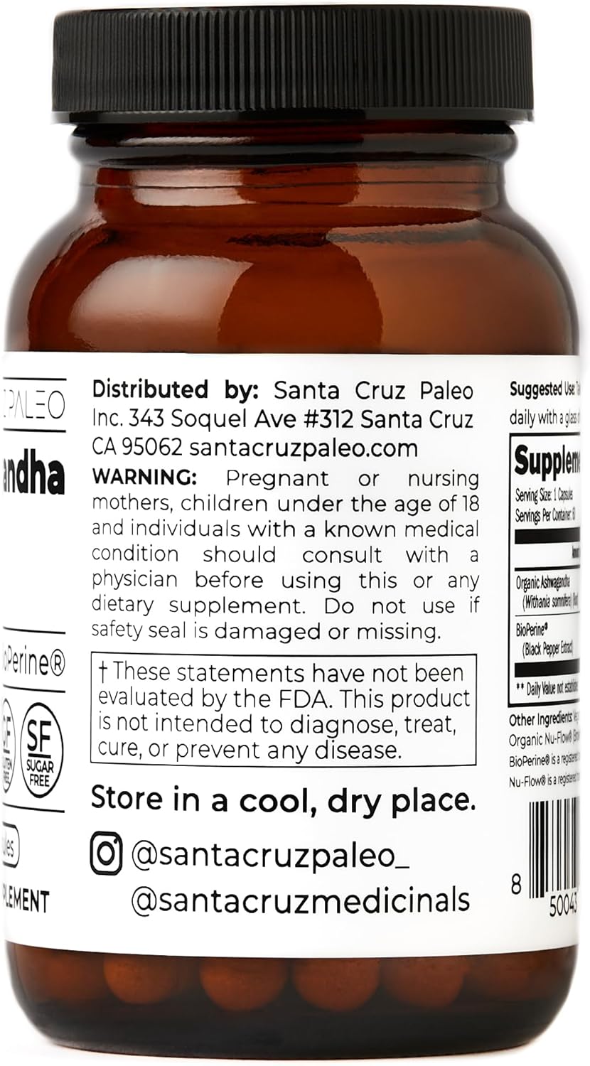 600mg Santa Cruz Paleo Ashwagandha Capsules with BioPerine for Energy, Focus, Relaxation - Gluten Free, Keto, Sugar Free - 60 Capsules