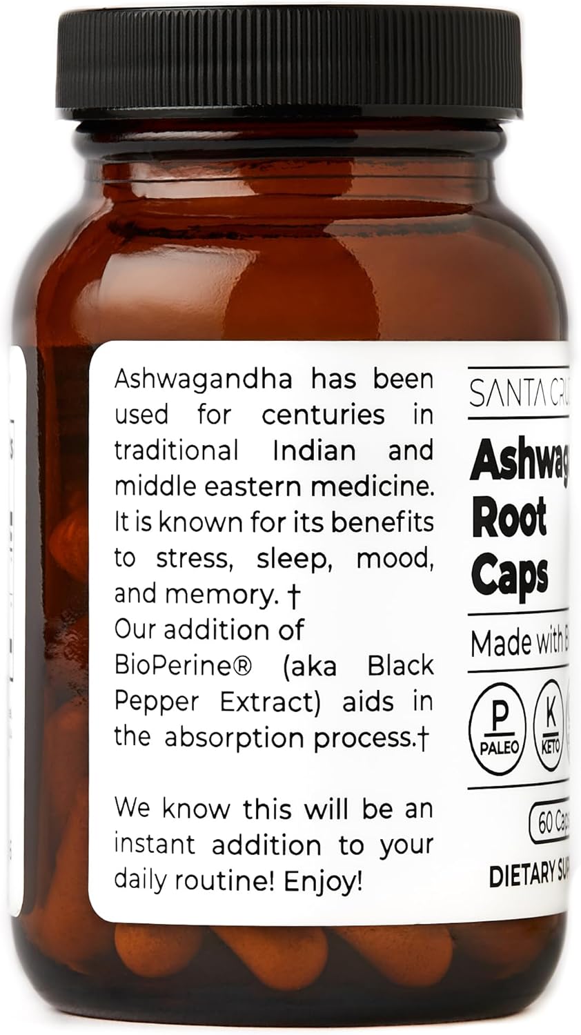 600mg Santa Cruz Paleo Ashwagandha Capsules with BioPerine for Energy, Focus, Relaxation - Gluten Free, Keto, Sugar Free - 60 Capsules