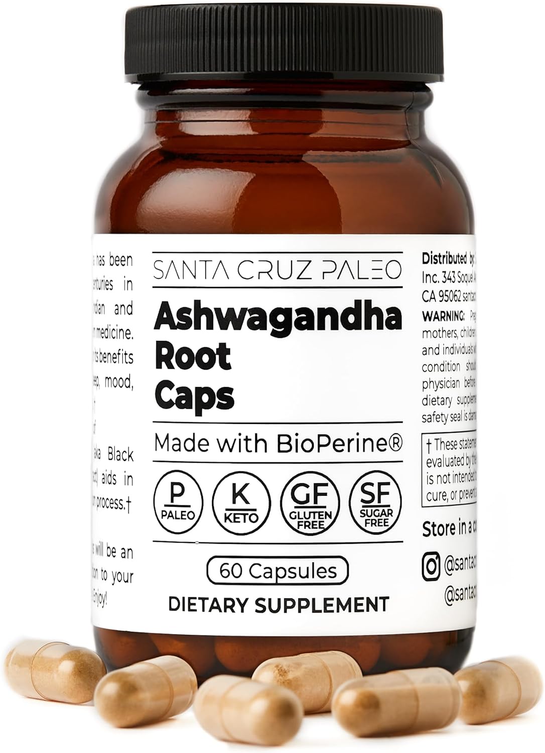 600mg Santa Cruz Paleo Ashwagandha Capsules with BioPerine for Energy, Focus, Relaxation - Gluten Free, Keto, Sugar Free - 60 Capsules