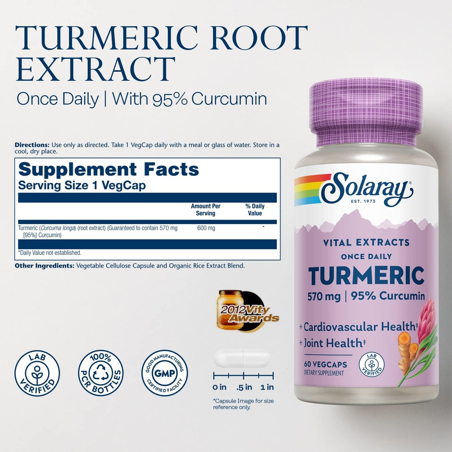 600mg Solaray Turmeric Root Extract VegCaps - Joint & Cardio Support - Guaranteed Potency - 1 Daily Dose - 60 Capsules