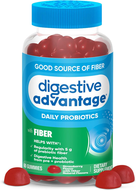 60ct Digestive Advantage Prebiotic Fiber & Probiotics Gummies for Adults, Strawberry Flavor - Promotes Digestive Health & Regularity for Women & Men