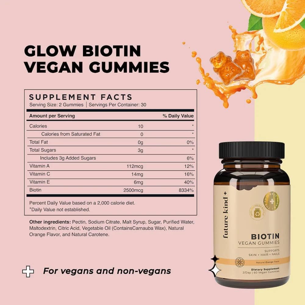 60ct Future Kind Vegan Biotin Gummies for Hair, Skin, & Nails - With VIT A, C, & E - Orange Flavored Hair Growth Vitamins for Women & Men