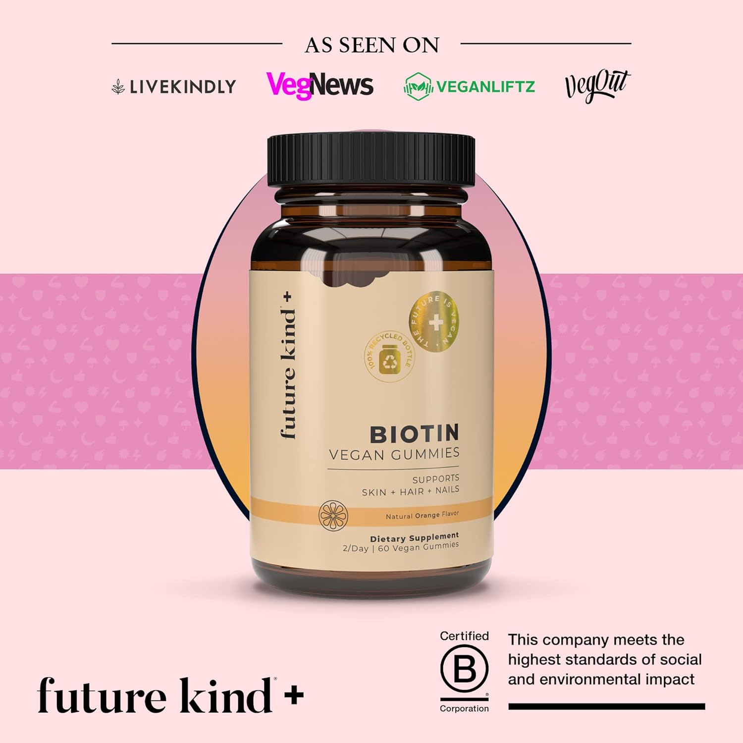 60ct Future Kind Vegan Biotin Gummies for Hair, Skin, & Nails - With VIT A, C, & E - Orange Flavored Hair Growth Vitamins for Women & Men