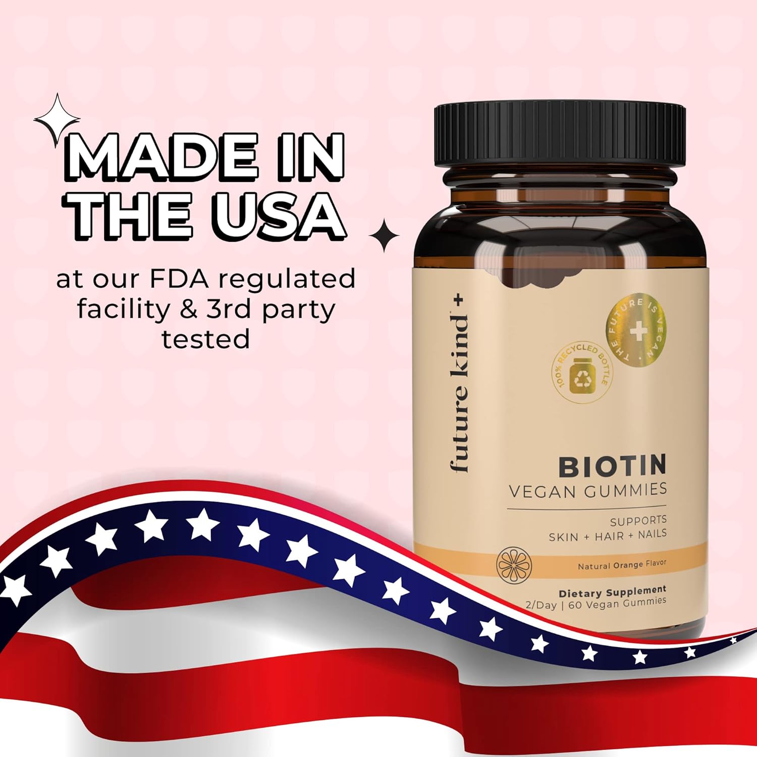 60ct Future Kind Vegan Biotin Gummies for Hair, Skin, & Nails - With VIT A, C, & E - Orange Flavored Hair Growth Vitamins for Women & Men