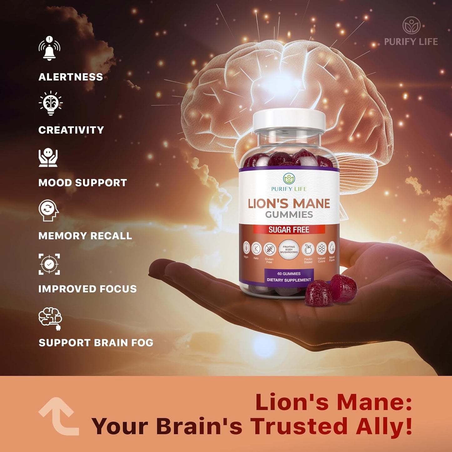 60ct Sugar-Free Lions Mane Nootropic Gummies for Brain Power - Berry Flavor - Purify Life Supplement for Cognition and Stress