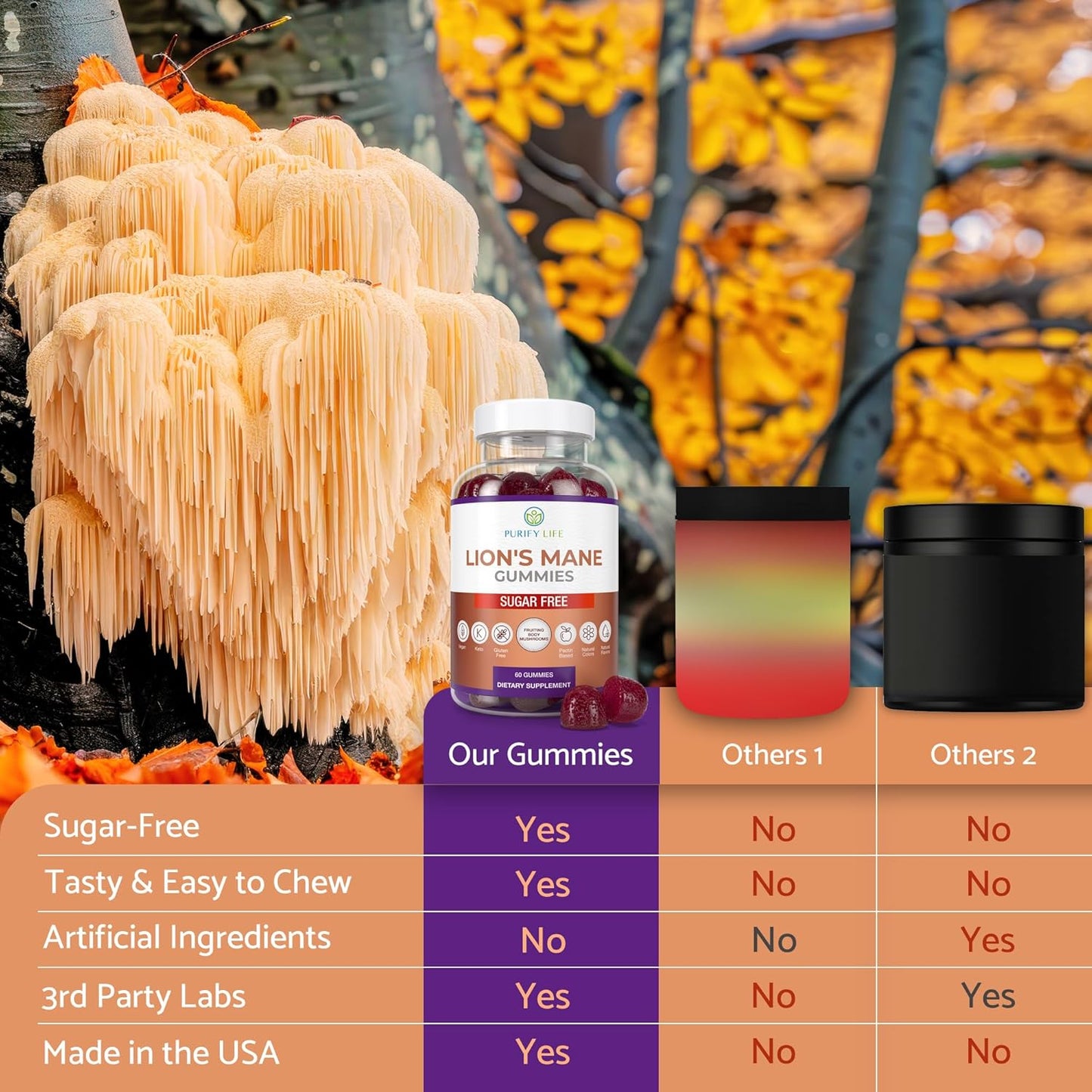 60ct Sugar-Free Lions Mane Nootropic Gummies for Brain Power - Berry Flavor - Purify Life Supplement for Cognition and Stress