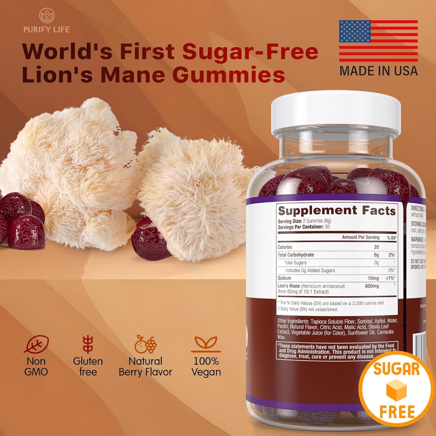 60ct Sugar-Free Lions Mane Nootropic Gummies for Brain Power - Berry Flavor - Purify Life Supplement for Cognition and Stress