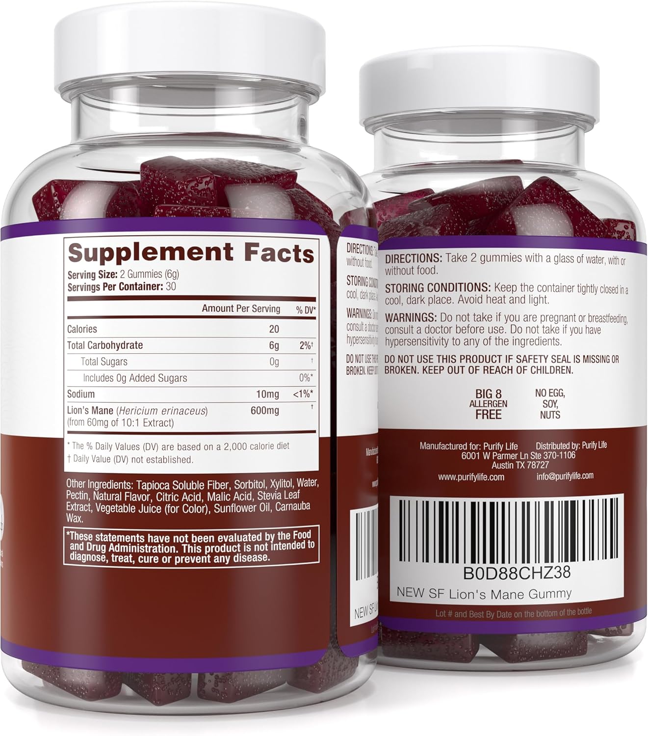 60ct Sugar-Free Lions Mane Nootropic Gummies for Brain Power - Berry Flavor - Purify Life Supplement for Cognition and Stress