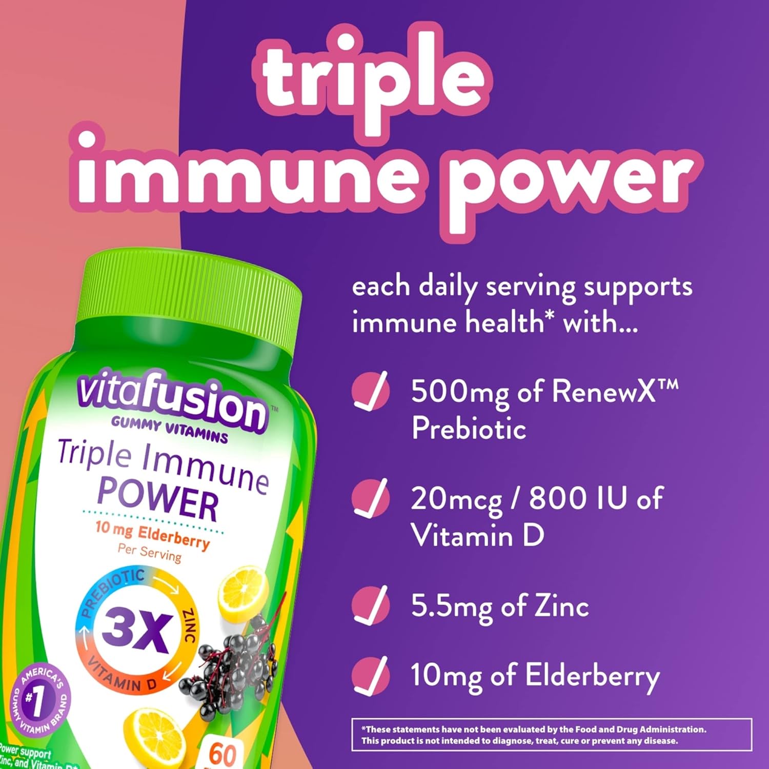 60ct Vitafusion Triple Immune Power Gummy Vitamins for Boosting Immune Health