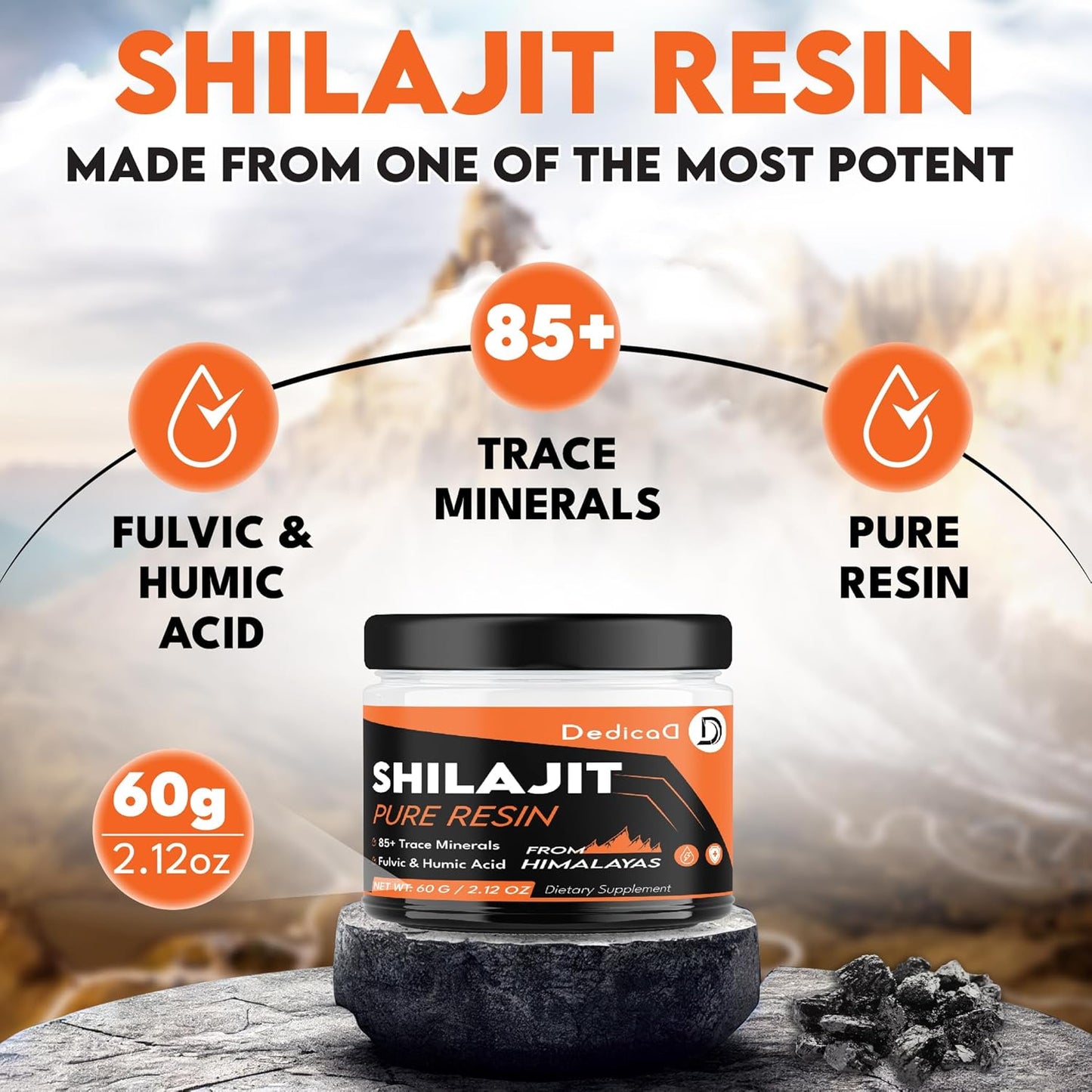 60g DEDICAD Shilajit Organic Resin with Fulvic Acid - 100 Servings of Himalayan Supplement for Body, Heart, Brain, & Immune Support