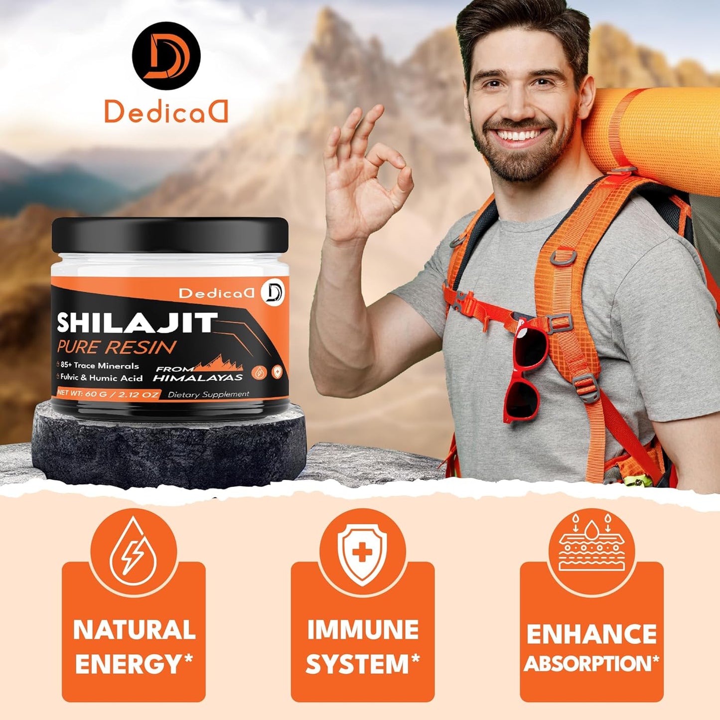 60g DEDICAD Shilajit Organic Resin with Fulvic Acid - 100 Servings of Himalayan Supplement for Body, Heart, Brain, & Immune Support