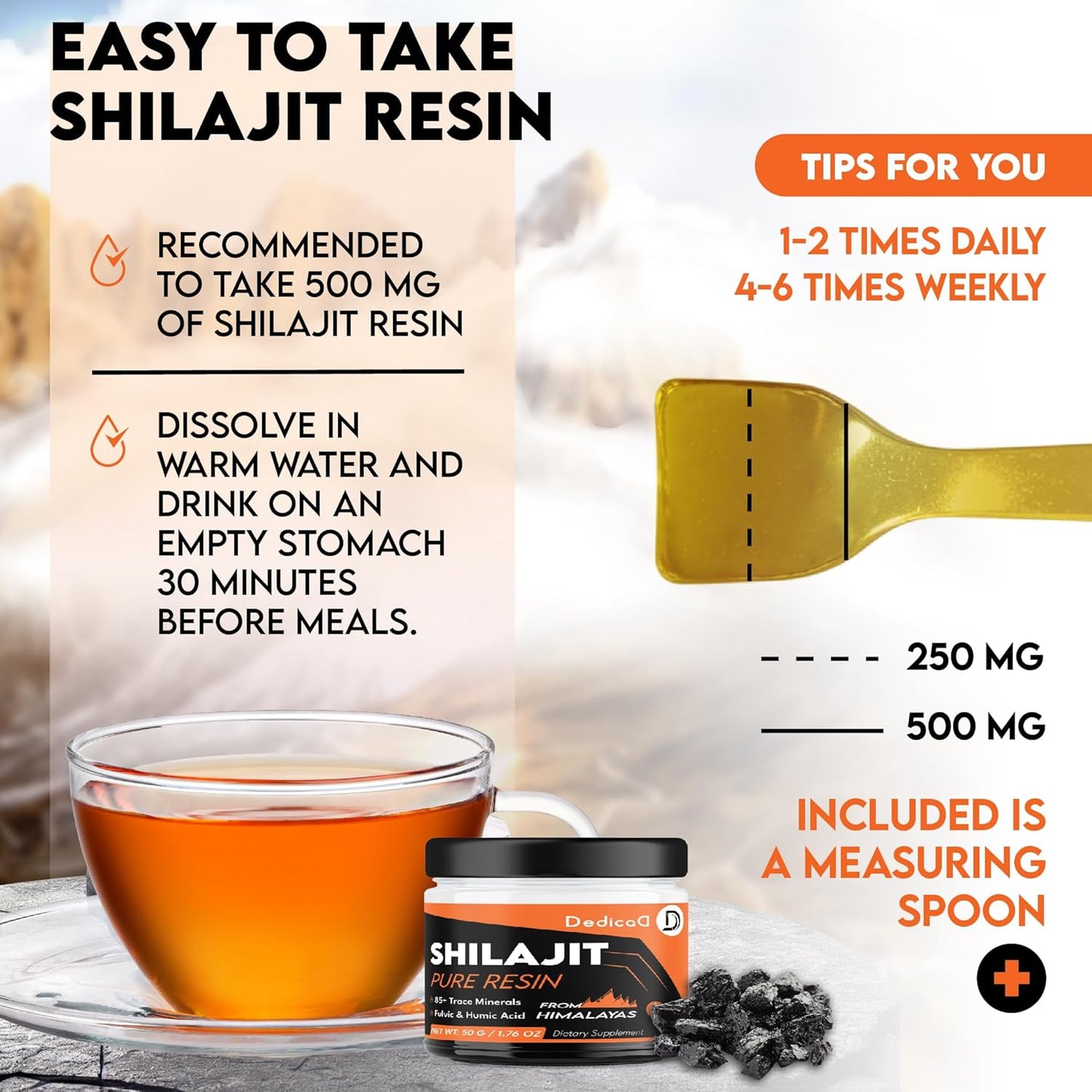 60g DEDICAD Shilajit Organic Resin with Fulvic Acid - 100 Servings of Himalayan Supplement for Body, Heart, Brain, & Immune Support