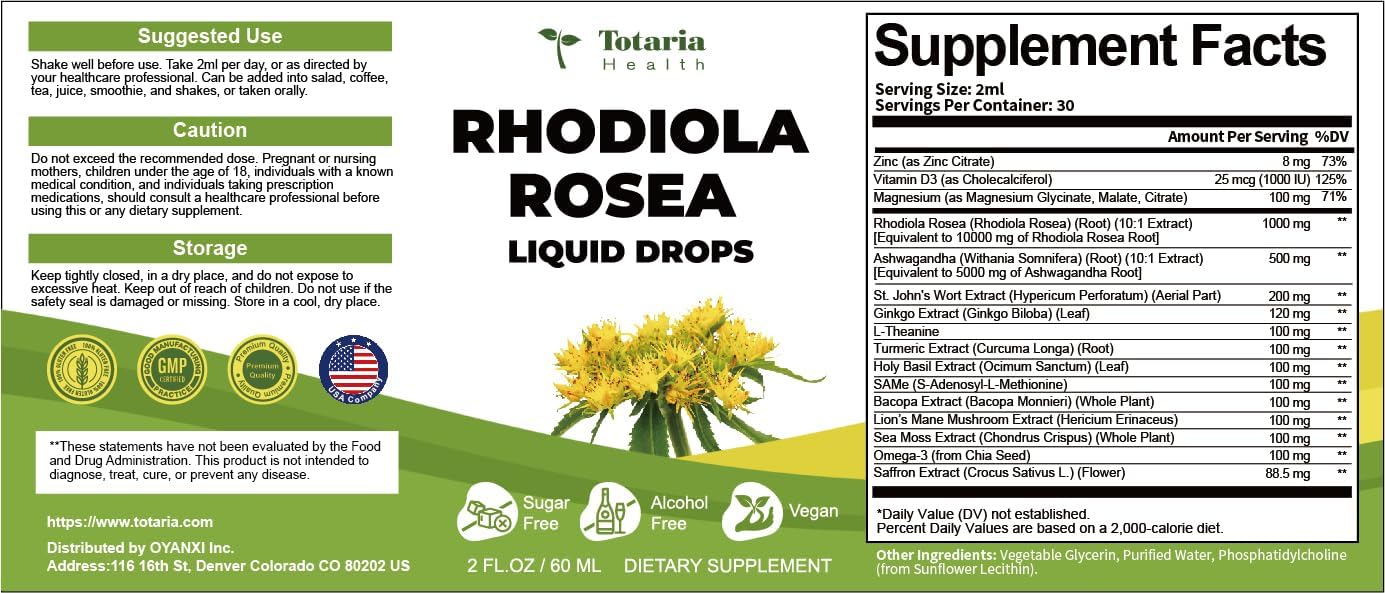 60ml Totaria Rhodiola Rosea Tincture with L-Theanine and Saffron for Stress Relief