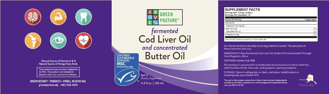 6.4 oz Green Pasture Butter Oil and Fermented Cod Liver Oil Gel with Vitamin A, D, EPA, DHA, Omega Fatty Acids - Unflavored