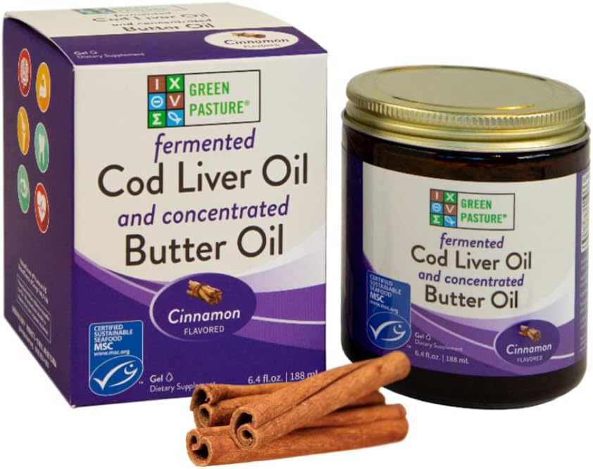 6.4 oz Green Pasture Butter Oil & Fermented Cod Liver Oil Gel with Vitamin A & D, EPA, DHA, Omega Fatty Acids - Cinnamon Flavor