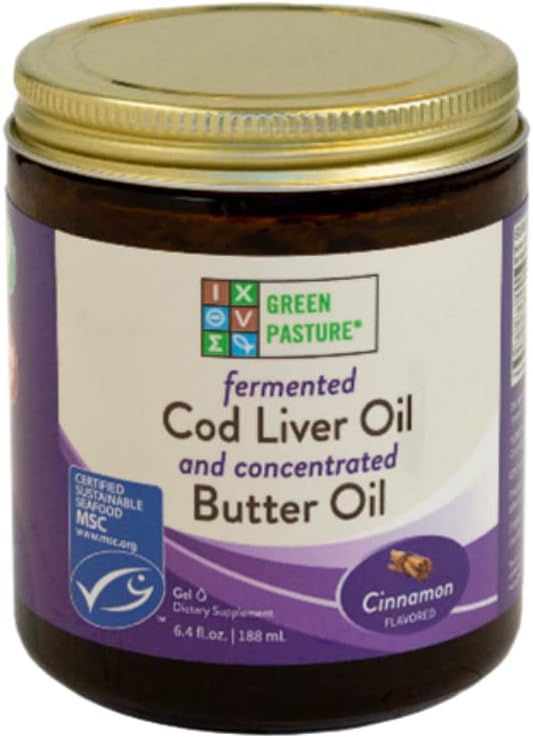 6.4 oz Green Pasture Butter Oil & Fermented Cod Liver Oil Gel with Vitamin A & D, EPA, DHA, Omega Fatty Acids - Cinnamon Flavor