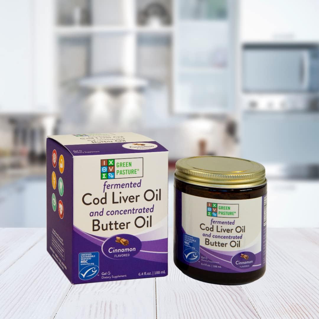 6.4 oz Green Pasture Butter Oil & Fermented Cod Liver Oil Gel with Vitamin A & D, EPA, DHA, Omega Fatty Acids - Cinnamon Flavor